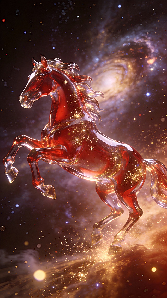 玻璃风透明红马跃于星河，光影流动，粒子闪烁，融合梦幻与神圣感，3D重拟物设计展现未来奢华之美。