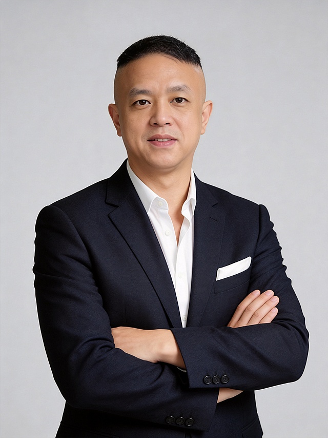 参考原图保留人物脸型､发型､年龄等特征生成高端商务精英风人像肖像写真:中心对称构图,中景(取景范围头顶至腰部下方),人物占画面70%,平拍视角(镜头高度与眼部平齐,拍摄距离2米);身着藏青色精纺羊毛挺括西装外套,内搭纯白色纯棉衬衫(领口自然敞开),双臂交叉抱于胸前,身体挺直,左胸口袋配有白色丝质口袋巾,只露出一点白边;身体正面朝向镜头,眼神温和直视镜头,嘴角自然上扬,露出浅淡笑意,展现亲和自信､沉稳可靠的企业家气质;面部干净清爽,无明显妆容,肤色均匀细腻,呈现哑光质感;背景为浅灰色纯色背景,无任何干扰元素,背景轻微虚化;整体光线均匀柔和;画质为超高清精细质感(清晰呈现西装面料纹理与衬衫领口细节),中度锐化,画面纯净无噪点,严格按照原图内容生成｡画质采用32k超高分辨率,细节清晰(完整呈现西装面料纹理､发丝走向､衣物缝线等),现代精致感风格,搭配4800k中性光,面部光比1:1.5,柔光均匀覆盖面部,轻微修饰脸型(弱化颧骨､下颌角棱角),无明显明暗交界线;肤质优化方面,在保留原生肤色基调的基础上整体提亮15%20%,去除面色暗沉､发黄感,呈现健康通透感,处理为哑光细腻雾面质感,保留真实毛孔纹理(不磨皮过度),实现轻透裸肌效果,同时优化面部油脂反光点,去除面部细微瑕疵(如痘印､干纹),保留原生皮肤肌理,避免“复制感”“塑料感”,让肤质自然真实;彻底去除人物之外的所有元素(背景杂质､衣物浮尘､多余阴影等),画面干净无干扰｡