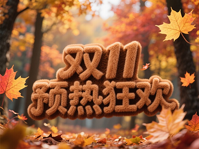 棕色毛绒绒的“双11预热狂欢”字体。枫树林背景。