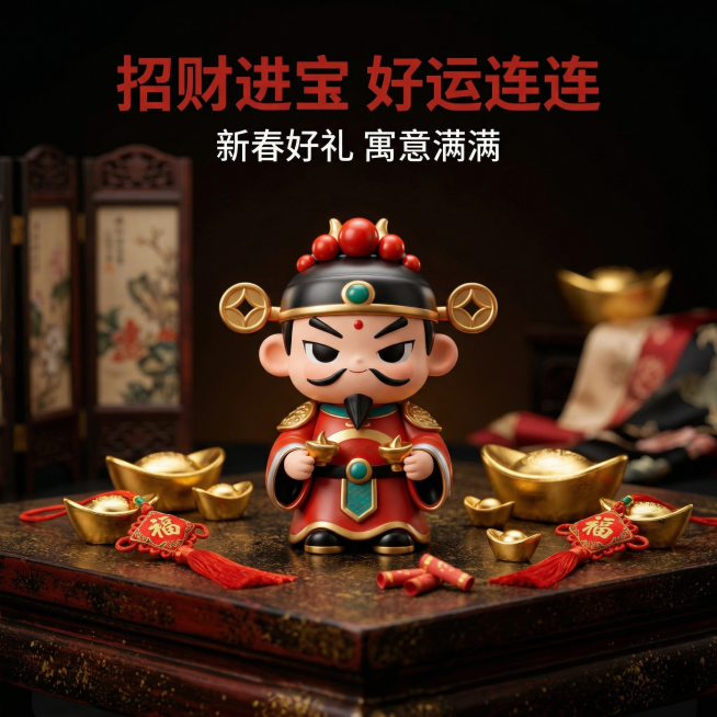 [主图 4 创意场景展示]
主图主题：财神手办新年氛围场景
氛围风格：神秘喜庆氛围感，国潮新年风，保持统一暗调神秘风格
画面元素：财神手办放置在深色红金质感的中式茶桌上，周围散落金色元宝和红色福字小挂预览效果