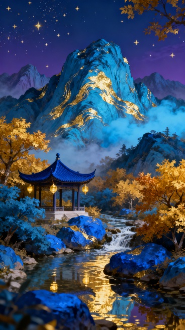 一幅中国风山水发财主题插画，以深邃的蓝紫色夜空为背景，点缀着稀疏的金色星辰，画面主体是层叠起伏的山峦，山体以青蓝色为主色调，表面覆盖着流动感的金色纹理，如同被月光照亮的金箔，山间云雾缭绕，呈现出朦胧的淡蓝色调，山脚下有一座传统的中式亭台楼阁，屋顶为深蓝色，屋檐下悬挂着金色的灯笼，周围环绕着茂密的树木，树叶有的呈青蓝色，有的则是耀眼的金黄色，仿佛金秋时节，一条清澈的溪流从山间流淌而过，水面倒映着……预览效果