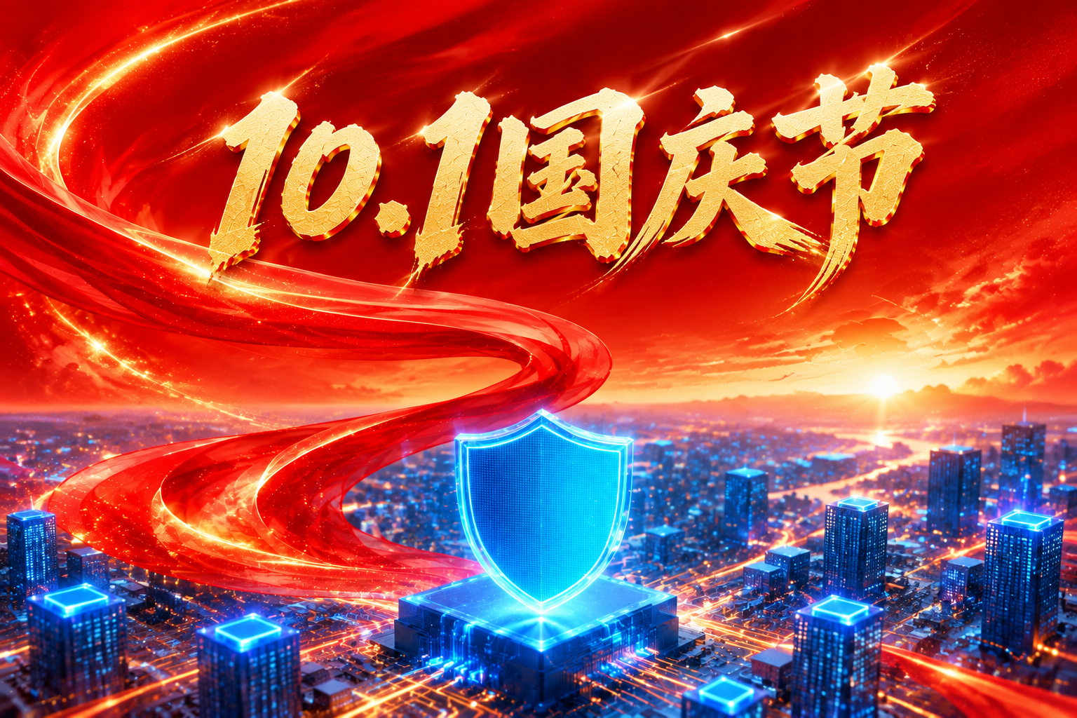 参考原图红金科技风格，保留红色飘带、金色光效、科技城市与蓝色发… - 图片创意预览