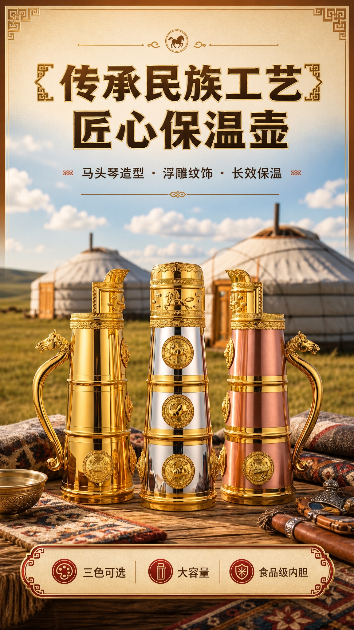 [商品] 使用【图1】三款民族风保温水壶（左：全金色款、中：金… - 图片创意预览