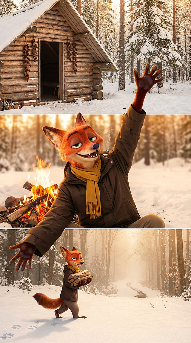3D拟人狐狸在雪林小屋前温暖篝火旁，卡通感十足，油画风光影渲染，传递冬日温馨故事感。
