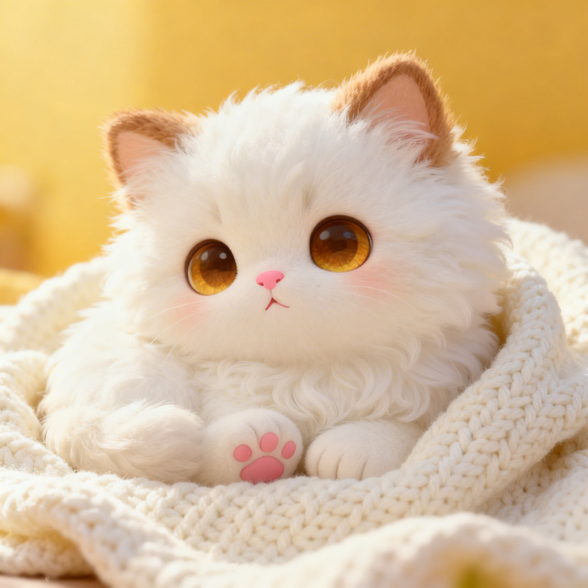 一只软萌可爱的卡通毛绒猫咪，全身蓬松洁白的绒毛，圆溜溜的琥珀色大眼睛，粉色的小鼻子和肉垫，耳朵尖带着浅棕色绒毛，蜷缩在奶白色的针织小毯子上，画风治愈温馨预览效果