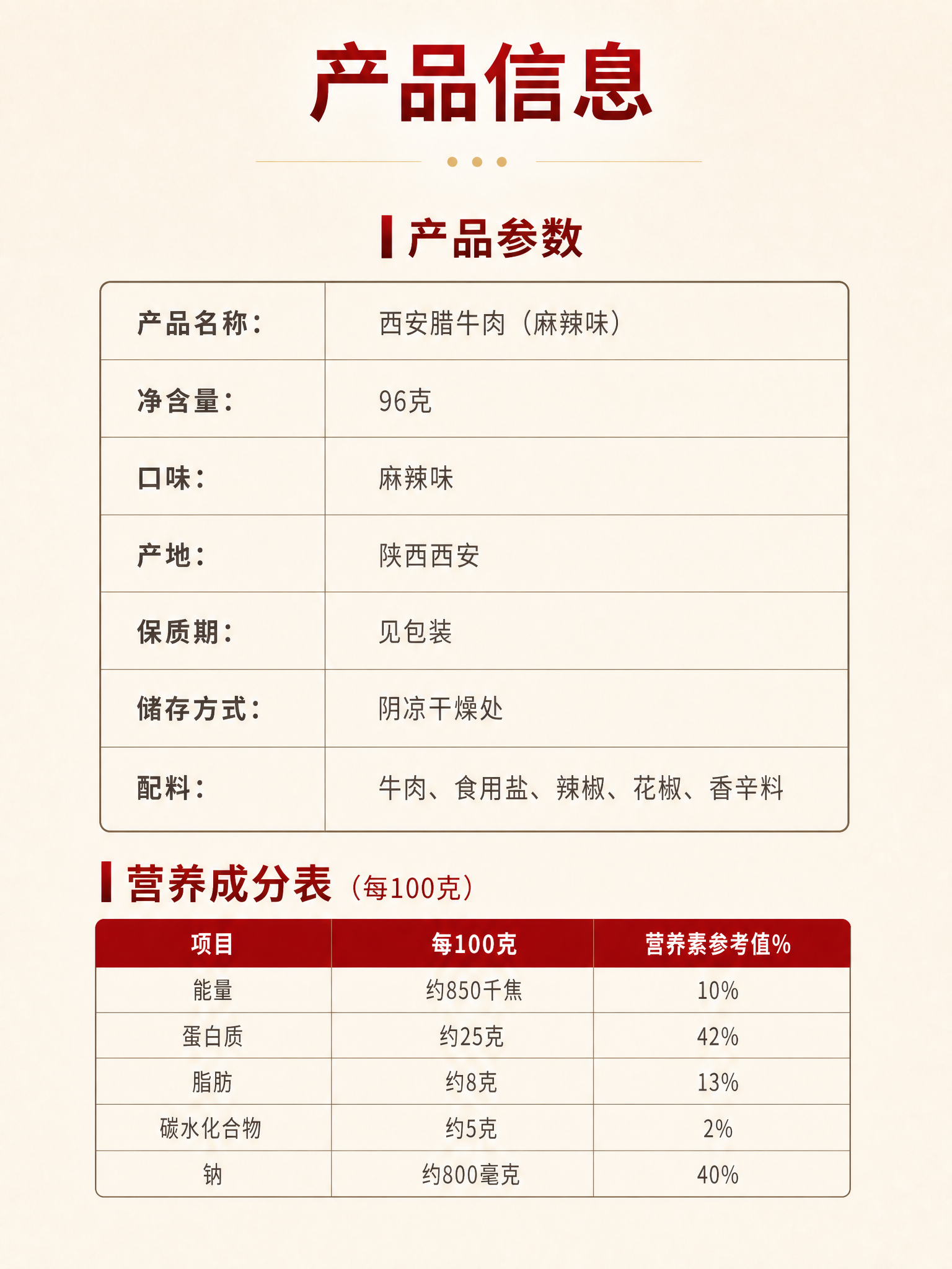 修改这张产品信息页：1. 删除左侧的腊牛肉包装袋图片，只保留右… - 图片创意预览