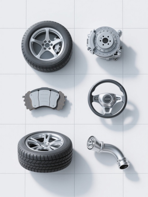 六个汽车配件（包含轮胎、刹车片、发动机、方向盘、车灯、排气管）以规整网格状排布在纯白色背景上，采用超写实3D渲染风格，每个配件细节清晰，金属部件呈现细腻的高光与磨砂质感，橡胶轮胎有真实的胎纹与光泽，整体光影统一为柔和的顶部光源，投射出自然的浅灰色阴影，画面简约现代，无任何文字、logo及水印。预览效果