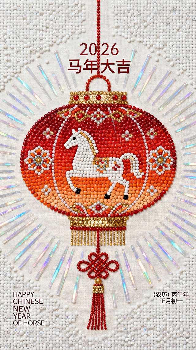 喜庆红灯笼融合刺绣风与重拟物设计，浮雕质感马年图案，国潮中式美学，祥瑞光芒环绕，彰显民族韵味与节日氛围。