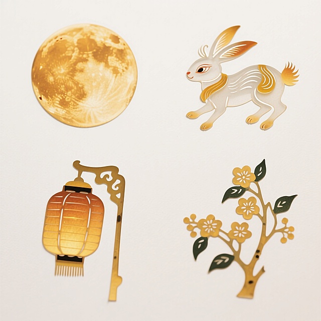 明亮鲜艳配色的素材（2X2规整排布）：圆月、玉兔、灯笼、桂花。纯白色背景