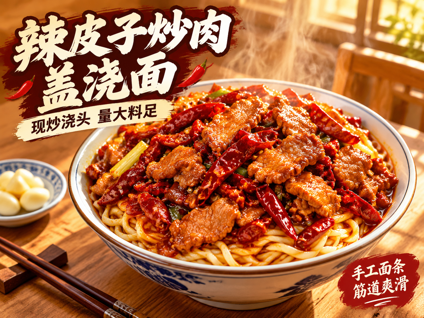 [主图-1] 辣皮子炒肉盖浇面首图，核心任务是展示诱人食欲感，… - 图片创意预览
