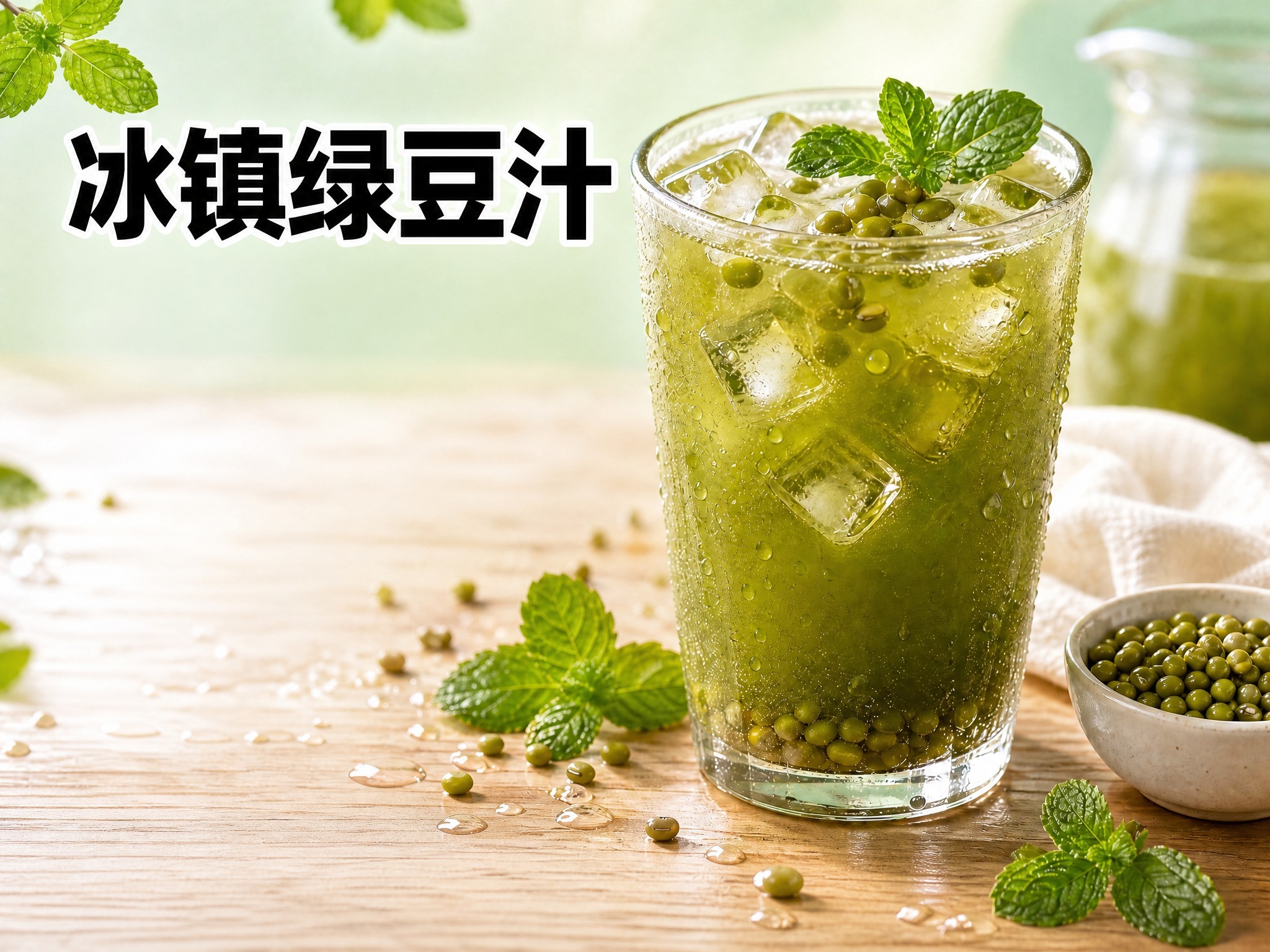 保留画面中冰镇绿豆汁玻璃杯、绿豆、薄荷叶、木台面等所有食物和场… - 图片创意预览