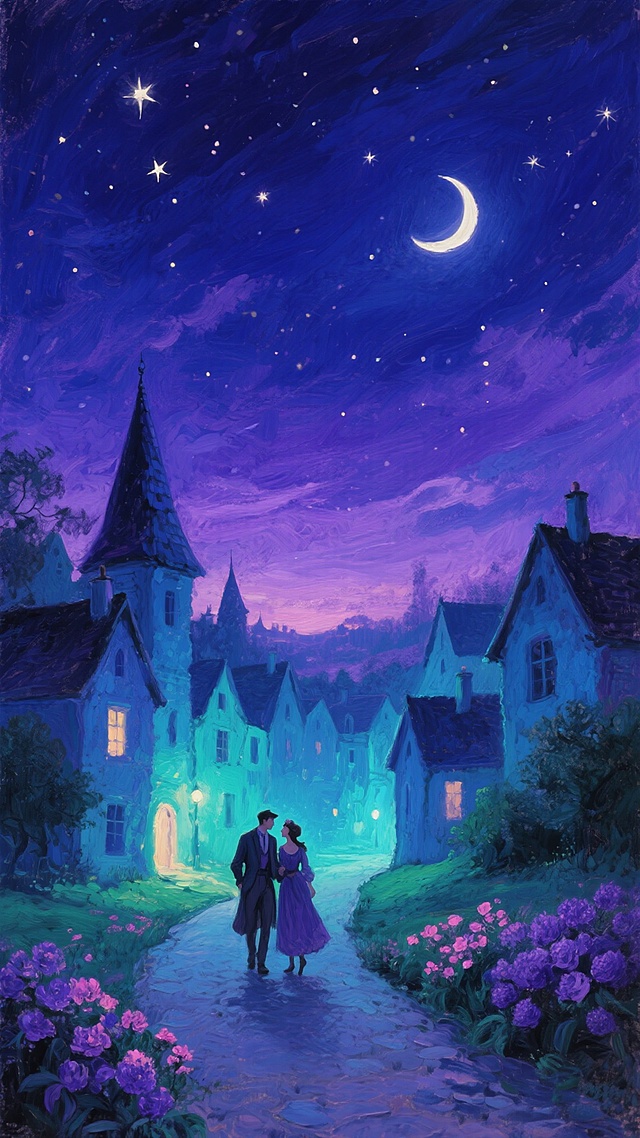 印象派风格油画，以深蓝与紫罗兰色交织的夜空为背景，点缀着明亮的星点和一轮弯月，下方是被柔和蓝绿色灯光照亮的欧式小镇，尖顶房屋错落有致，房前小径上一对身着复古服饰的情侣依偎漫步，路旁点缀着紫色和粉色的花卉，整体色调神秘而浪漫，笔触厚重而富有肌理感，光影对比柔和，营造出宁静梦幻的夜晚氛围。