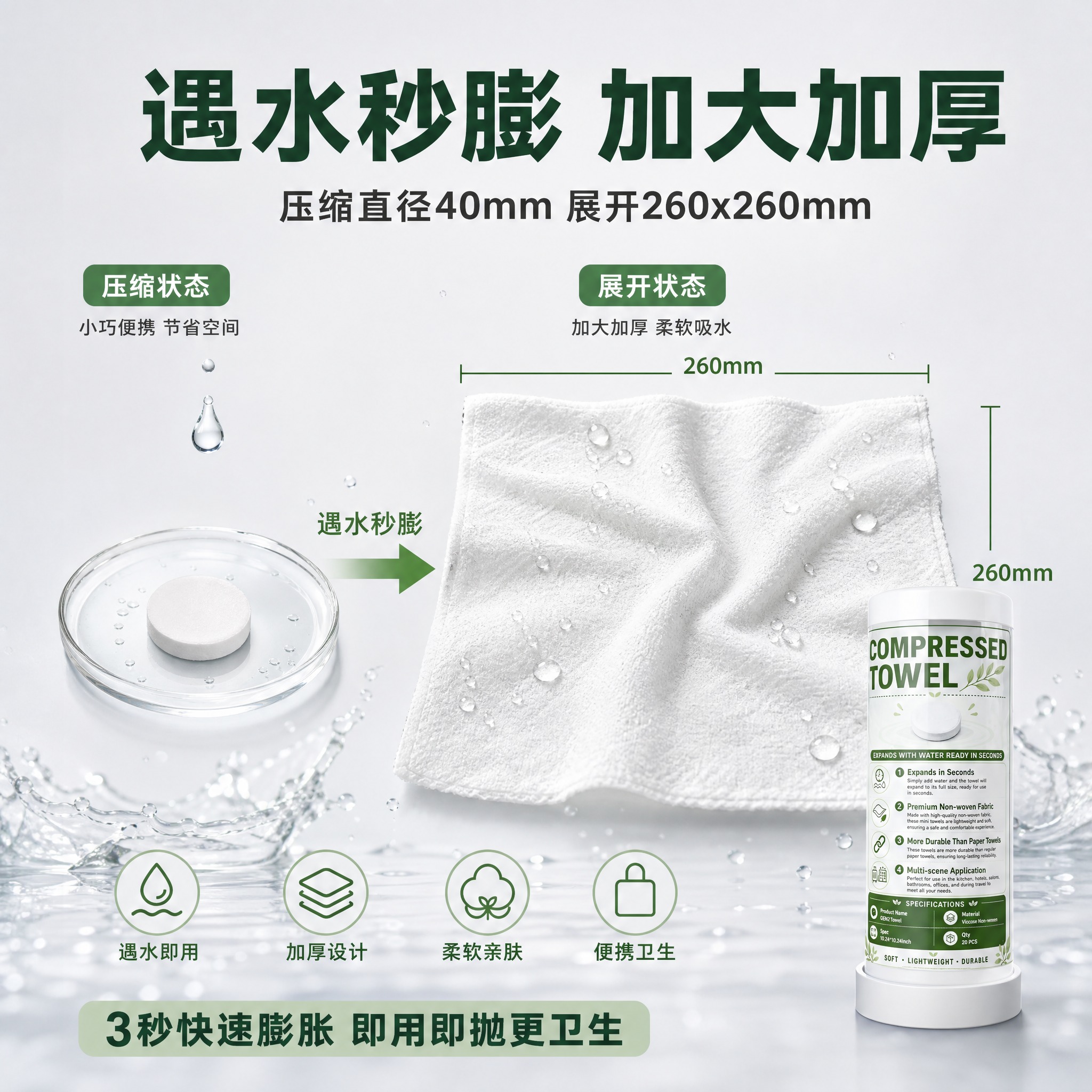 [主图-2] 核心卖点图，展示压缩毛巾遇水膨胀的神奇效果与使用… - 图片创意预览