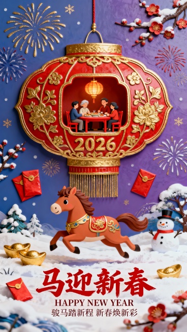 微缩艺术，马年新春海报，喜庆，融合传统新春元素与萌系Q版设计。前景为Q版奔跑姿态马形吉祥物，搭配红包、金元宝装饰；中心主体是巨大红色花灯春字造型（作为场景容器），中式纹样，春字内部嵌入微缩家庭聚餐场景预览效果
