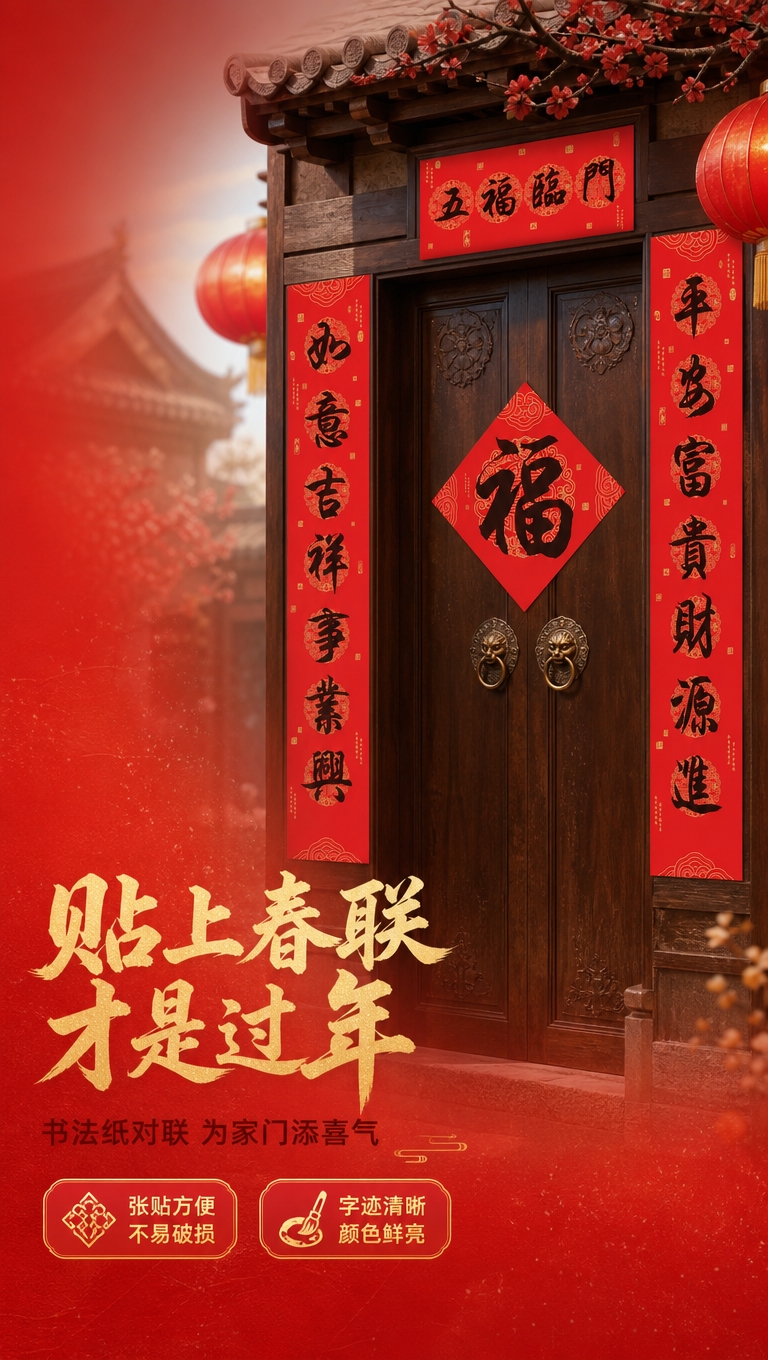 [商品] 使用【图1】五福临门款对联套装（对联1对+横批+福字… - 图片创意预览