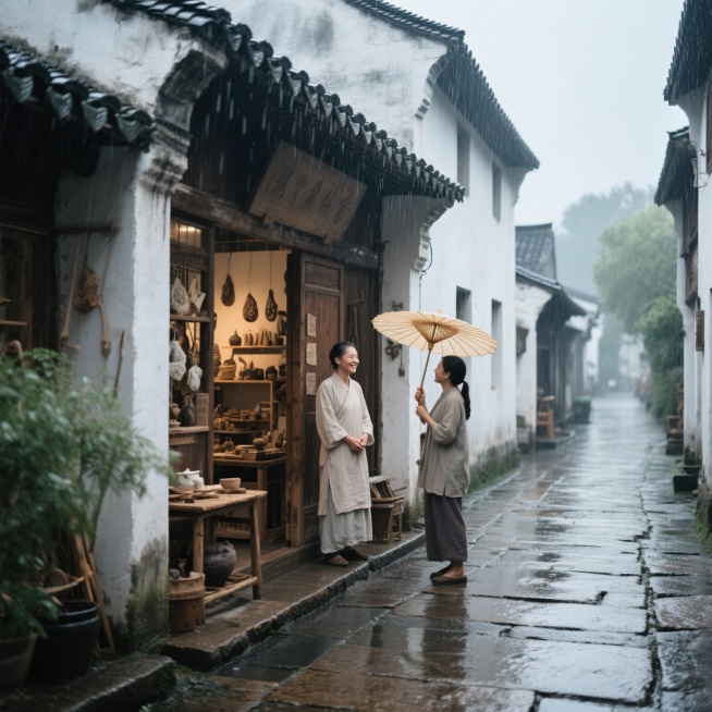 微微细雨中的古巷，青石板路湿润泛光，两侧是白墙黛瓦的传统建筑，巷口有一家古朴的工坊，木门虚掩，一位身着素雅服饰的店主正站在门口，面带微笑迎接客人，客人撑着油纸伞站在屋檐下，两人正在亲切交谈，工坊内隐约预览效果