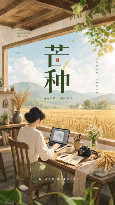 根据用户标注，将左侧小窗位置向右移动至与大窗对齐（即调整为单一大窗），保留人物、桌面物品及所有文字内容不变，窗外麦田与远山风景需更开阔大气，整体保持清新自然风格预览效果