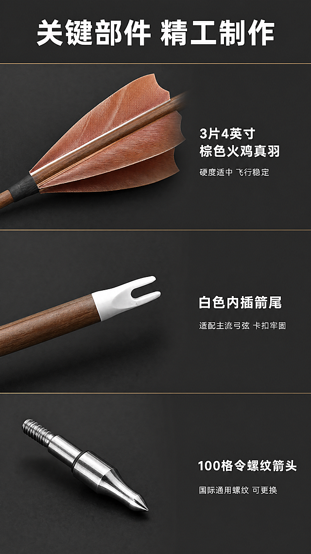 「图片1」「图片1」「图片1」「图片1」「图片1」「图片1」我是做弓箭类目的，请帮我生成一套淘宝详情页，材质:纯碳 扰度:340扰、400扰、500扰、600扰 箭尾:白色内插箭尾 箭羽:3片棕色真羽(4英寸) 箭头:100格令螺纹箭头 总长:83cm 箭杆:31英寸 直度:千六 重量:24.2g(340扰) 21.6g(500扰) 21.7g(400扰) 18.9g(600扰) 内径:6.2mm 外径:7.45mm(340扰) 7.1 mm(500扰) 7.2mm(400扰) 7.0mm(600扰)；箭羽：火鸡羽毛；箭头：100格令国际通用螺纹箭头   适用于25-70磅的美猎弓  传统弓使用