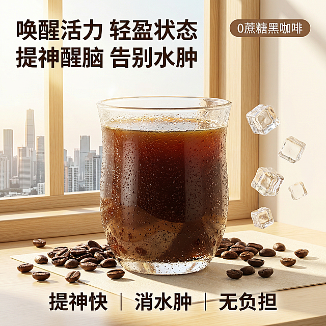 [垫图] 用户上传的黑咖啡图
[主图主题] 黑咖啡提神减肿首图
[氛围/风格] 年轻活力风格，暖阳逆光质感，都市清新感
[画面元素] 黑咖啡杯居中放置，杯壁带有细腻冷凝水珠，周围散落深烘咖啡豆，背景是明亮的北欧风窗台，窗外可见城市高楼剪影，自然暖光从侧方洒入，画面右侧悬浮几颗透亮冰块，呈现清爽动态感，背景全屏无边框
[配色色系] 主色调：深棕（咖啡）、暖白（背景）；辅助色：浅棕（咖啡豆）、亮灰（窗景）
[视角构图] 平视角度，产品占画面60%，景深柔和突出主体
[文字版式] 左上角主标题“唤醒活力 轻盈状态”，副标题“提神醒脑 告别水肿”，右上角浅棕圆角胶囊标签“0蔗糖黑咖啡”，底部悬浮三列卖点“提神快 | 消水肿 | 无负担”，字体为无衬线粗体，白色，文案悬浮于背景无衬底，不遮挡产品主体
[比例分辨率] 1:1比例，2k分辨率
