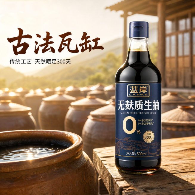 [主图-2] 古法瓦缸酿造工艺展示，家居治愈风
温馨自然的酿造工坊氛围，传统工艺结合干净质感，商业摄影，清晰通透。
无麸质生抽产品放在画面前景偏右，背景展示古法瓦缸酿造场景，瓦缸整齐排列在通风晒场，自预览效果