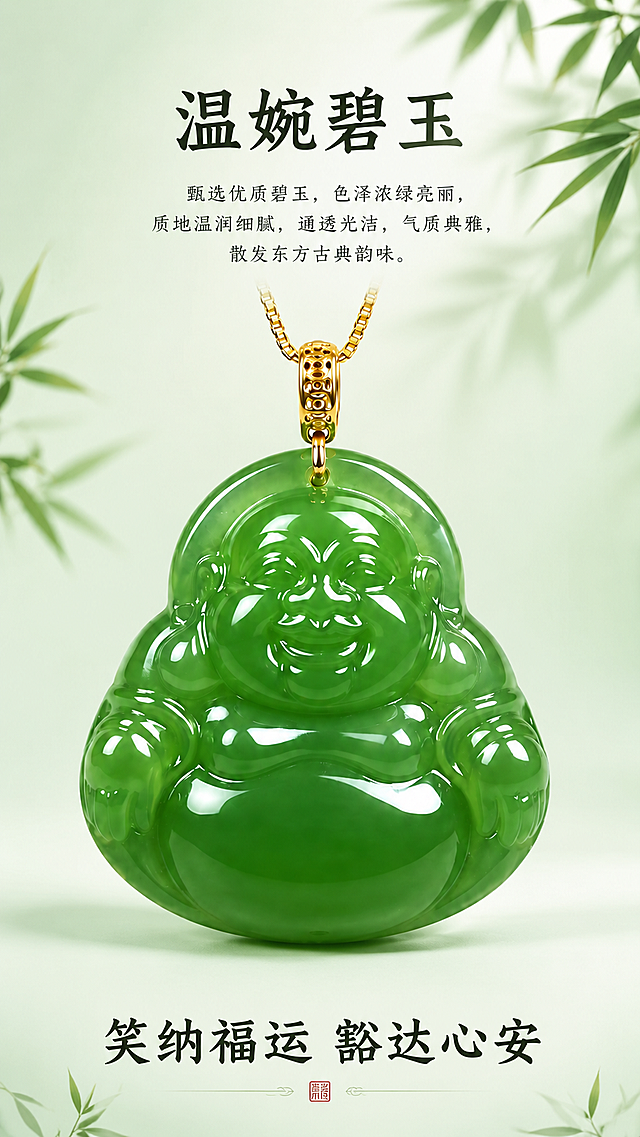 [第3屏] 碧玉材质展示页，天然碧玉佛公吊坠。本屏使用【图2】作为商品主体，参考【图1】排版风格。
[氛围/风格] 自然雅致国风，突出玉石材质质感，高级商业摄影质感。
[元素布局] 上半部分为标题区域，中部为放大的佛公主体产品展示，占据约70%画面，展示碧玉整体色泽和通透感，保持原产品结构、颜色、雕刻细节不变，佛公整体完整呈现。背景为浅绿渐变，搭配简约竹叶装饰，不抢夺产品主体关注度。下半部分为文案说明区域，预留足够空间。
[光影质感] 软光从侧前方打来，凸显碧玉油润通透的质地，表面光泽自然，光影层次清晰，真实还原碧玉温润质感。
[配色色系] 全局底色：#e8f5e9（浅嫩绿）；主体：碧玉绿+金色扣；文字：深墨色
[视角构图] 正面居中展示，微特写构图，突出产品整体材质，竖向排版适配手机阅读。
[文字版式] 顶部居中主标题"温婉碧玉"，主标题下方文案："甄选优质碧玉，色泽浓绿亮丽，质地温润细腻，通透光洁，气质典雅，散发东方古典韵味。"下半部分居中一句主标语"笑纳福运 豁达心安"，字体稍大突出主题。文字排版错落有致，不遮挡产品主体。
[比例分辨率] 9:16竖版比例，4K分辨率，文字清晰可辨，超高清。
[负向提示词] 材质失真，颜色偏差，佛公变形，雕刻模糊，文字错乱，背景杂乱