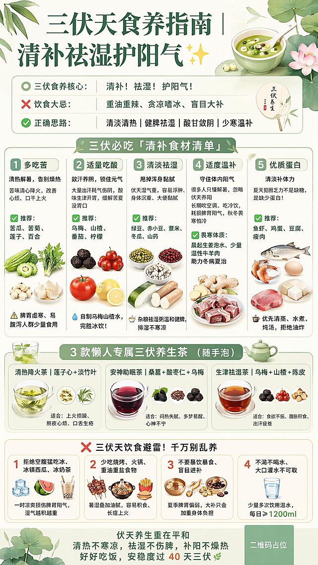 竖版小红书医学健康科普海报，简约扁平化风格插画，低饱和薄荷绿搭配米白配色，分区排版，清晰呈现以下文案信息：主标题："三伏天食养指南｜清补祛湿护阳气✨"，核心内容："三伏食养核心：清补！祛湿！护阳气！❌饮食大忌：重油重辣、贪凉嗜冰、盲目大补✅正确思路：清淡清热｜健脾祛湿｜酸甘敛阴｜少寒温补🥗三伏必吃「清补食材清单」1️⃣多吃苦｜清热解暑，告别燥热苦味清心降火，改善心烦、口干上火✅推荐：苦瓜、苦菊、莲子、百合⚠️脾胃虚寒、易腹泻人群少量食用2️⃣适量吃酸｜敛汗养阴，锁住元气大量出汗耗气伤阴，酸味生津开胃，缓解苦夏没胃口✅推荐：乌梅、山楂、番茄、柠檬💧自制乌梅山楂水，完胜冰饮！3️⃣清淡祛湿｜甩掉浑身黏腻伏天湿气重，容易浮肿、身体沉重、大便黏腻✅推荐：绿豆、赤小豆、薏米、冬瓜、山药杂粮祛湿粥温和健脾，排湿不寒凉4️⃣适度温补｜守住体内阳气很多人只懂解暑，忽略伏天养阳长期吹空调、吃冷饮，耗损脾胃阳气，秋冬畏寒怕冷✅畏寒体质：晨起生姜泡水、少量温性牛羊肉助力冬病夏治✨5️⃣优质蛋白｜清淡补体力夏天犯困乏力不是缺糖，是缺少蛋白！✅推荐：鱼虾、鸡蛋、豆腐、瘦肉优先清蒸、水煮、炖汤，拒绝油炸💧3 款懒人专属三伏养生茶（随手泡）▫️清热降火茶｜莲子心 + 淡竹叶适合：上火烦躁、熬夜心烦、口舌生疮▫️安神助眠茶｜桑葚 + 酸枣仁 + 乌梅适合：闷热失眠、多梦易醒、心神不宁▫️生津祛湿茶｜乌梅 + 山楂 + 陈皮适合：食欲不振、腹胀积食、出汗疲惫❌三伏天饮食避雷！千万别乱养1. 拒绝空腹猛吃冰、冰镇西瓜、冰奶茶一时凉爽损伤脾胃阳气，湿气越积越重2. 少吃烧烤、火锅、重油重盐食物暑湿叠加油腻，容易积食、长痘上火3. 不要暴饮暴食、盲目进补夏季脾胃偏弱，大补只会加重身体负担4. 不渴不喝水、大口灌水不可取少量多次饮用温水，每日≥"1200"ml伏天养生重在平和清热不寒凉，祛湿不伤脾，补阳不燥热好好吃饭，安稳度过 "40" 天三伏🌿"，所有数字必须精确渲染，不得错位、遗漏或编造。画面中所有二维码区域使用纯色方块占位符呈现，方块中央标注"二维码占位"文字，严禁生成任何可识别的二维码图案。版式精美，分区清晰，文字可读，整体干净清新，契合养生主题。