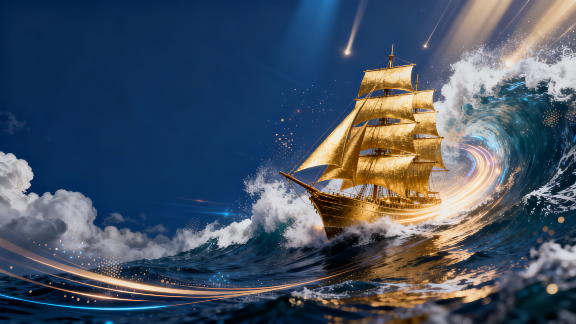 一张高端横版企业活动宣传海报背景，科技商务风、国际化发布会风格，主色调为深海蓝和金色。画面右侧主体是一艘充满速度感的金色帆船在海浪中破浪前行，周围环绕着浪花、云雾、光束、流动粒子和能量线条，象征增长、预览效果