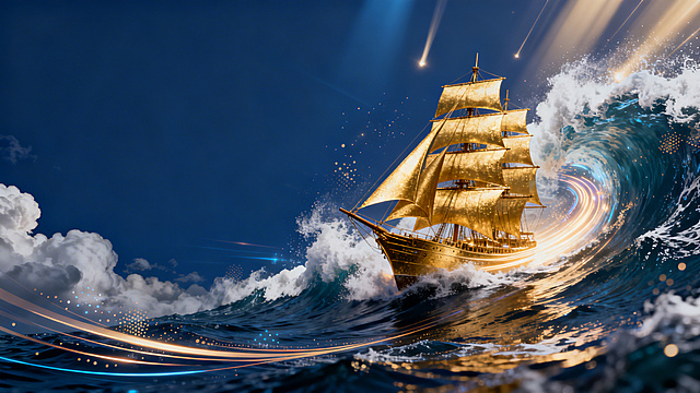 一张高端横版企业活动宣传海报背景，科技商务风、国际化发布会风格，主色调为深海蓝和金色。画面右侧主体是一艘充满速度感的金色帆船在海浪中破浪前行，周围环绕着浪花、云雾、光束、流动粒子和能量线条，象征增长、突破和启航。画面左侧保持简洁，留出足够的深蓝色空间用于后期排版活动标题和会议信息。整体画面高级、震撼、干净，富有品牌感，不过度杂乱，适合作为大会主KV背景