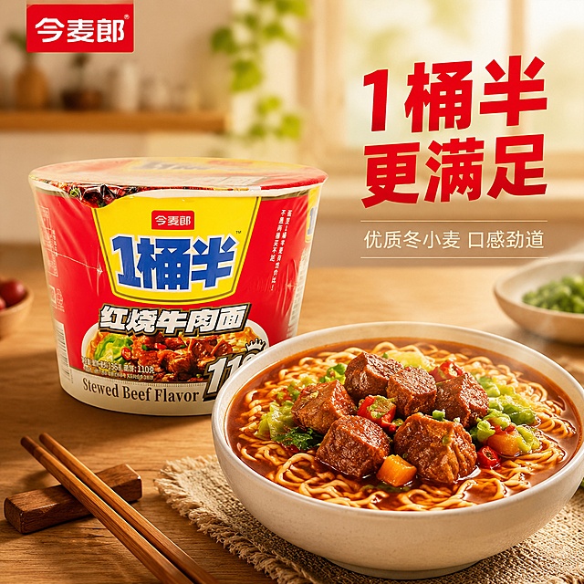 [主图-1] 今麦郎一桶半红烧牛肉面电商首图
[氛围风格] 温馨食欲感，专业电商食品摄影风格
[画质] 商业摄影质感、光线柔和通透、产品清晰真实、画面干净高级
[元素] 桶装今麦郎1桶半红烧牛肉面居中放置，搭配刚煮好的红烧牛肉面成品，醇厚红棕汤汁配大块牛肉块和劲道面条放置在产品前侧；放置在干净简约的木质餐桌上，搭配原木筷子和白瓷餐碗，背景融入柔和厨房自然光氛围，左上角保留原品牌Logo不遮挡主体。保持产品包装外观、物理结构、材质质感、颜色与输入产品图绝对一致，杜绝任何变形和色差，精细化处理。商品主体占比严格控制在70%左右，画面满屏无边框
[光影] 自然暖光从侧前方照射，突出汤汁油亮光泽和面条纹理，通透不灰蒙；产品立体感强，高光不溢出，暗部有层次
[配色] 主色调延续包装原有的红色搭配暖木色，温暖醇厚有食欲；辅助色用汤汁红棕和牛肉深棕色
[视角构图] 平视角度，产品完整居中展示，景深适中，主体突出
[文字版式] 左上负空间保留原品牌Logo，画面右侧放置主文案，大字「1桶半更满足」红色粗体无衬线，下方辅助文案「优质冬小麦 口感劲道」浅色小字；文字不遮挡主体，对比清晰易读
[输出要求] 1:1 比例，宽度2048，高度2048，文字清晰锐利，超高清商业摄影质感
[负向提示词] 变形，文字错乱，产品模糊，背景杂乱，水印，电商平台Logo，绝对化违禁词
