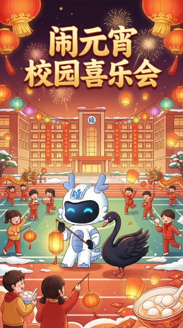 庆祝元宵节海报，画面包含提供的白色龙形吉祥物、优雅的黑天鹅，还有教学楼、操场等校园元素，搭配灯笼、元宵等元宵节元素，整体氛围热闹喜庆，添加文案“闹元宵 校园喜乐会”预览效果