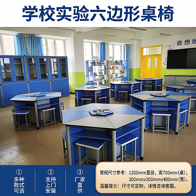 [主图 5] 全套产品规格与服务展示
[氛围风格] 专业规整，消除选购疑虑
[画质] 商业摄影质感、光线柔和通透、产品清晰真实、画面干净高级
[元素] 整体展示全套六边形实验桌椅在现代化教室中的效果，保持产品外观（物理结构、材质质感、颜色）与输入产品图绝对一致，杜绝任何变形和色差，背景和光源方向保持和前四张完全统一。右下角叠加圆角小图框标注产品常规尺寸参考，左下角展示核心卖点
[光影] 保持和前四张一致的明亮均匀自然光，整体通透清晰
[配色] 统一蓝白专业配色，和整体场景自然融合
[视角构图] 全景展示，完整呈现多组产品效果
[文字版式] 顶部居中主标题 "学校实验六边形桌椅" 深蓝色粗体，左下角分栏排列三个核心卖点：
① 多种款式可选
② 支持上门安装
③ 厂家直供 左下角，右下角区域标注尺寸参数和温馨提示，文字大小对比清晰，不遮挡产品主体
[比例分辨率] 1:1 比例，2k 分辨率；文字清晰锐利，画面超高清
[负向提示词] 变形，水印，文字错乱，产品图模糊，背景杂乱，遮挡主体，配色刺眼