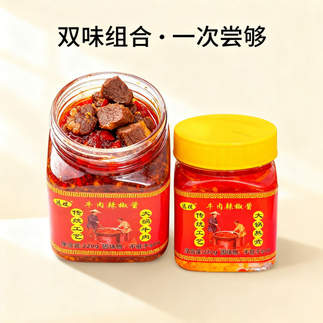 电商详情页首图，浅米色干净背景，画面主体是1瓶远搜牛肉辣椒酱（开盖实拍，大颗牛肉清晰可见）+1瓶远搜原味辣椒酱（开盖实拍，色泽鲜亮），并排摆放，光线明亮柔和，搭配简约文字“双味组合 · 一次尝够”，无预览效果