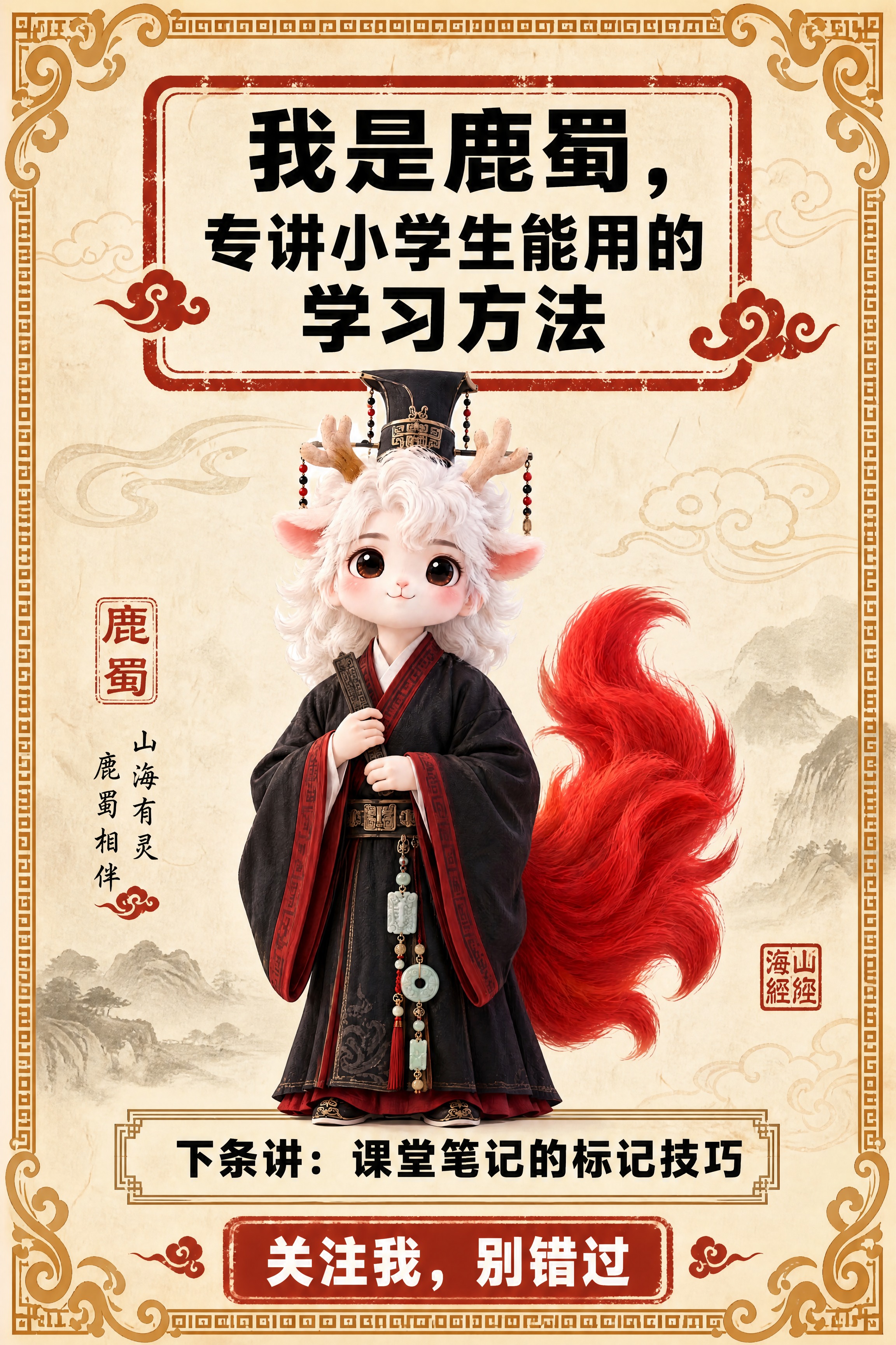 小红书笔记结尾页，统一模板，国风山海经风格，米黄色宣纸纹理背景… - 图片创意预览