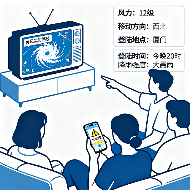白色背景插画，主题是人们及时关注手机和电视上发布的台风暴雨预警信息，了解台风的风力、移动方向、登陆地点与时间以及降雨强度，扁平简约科普插画风格