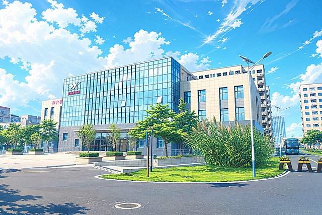 将这张建筑照片转换为日系动漫风格，保留建筑的整体结构和布局，画面色彩明亮清新，天空为动漫风格的蓝天白云，线条清晰，光影柔和，具有新海诚风格的动漫质感，建筑细节保留，树木和道路也呈现动漫手绘风格，整体画面干净通透