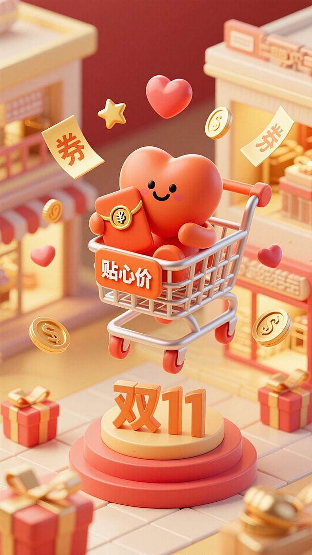 软3D风拟人爱心推购物车，粘土质感微缩场景，环绕红包金币与礼盒，双11促销主题，萌趣喜庆梦幻感十足。