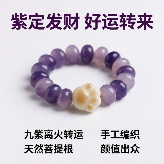 [主图 2] 核心卖点展示主图
[氛围风格] 简约清晰，专业可信
[画面元素] 商业摄影质感、光线柔和通透、产品清晰真实、画面干净高级。保留原产品手串完整外观，手串居中放置，浅灰白色干净背景，突出产品预览效果