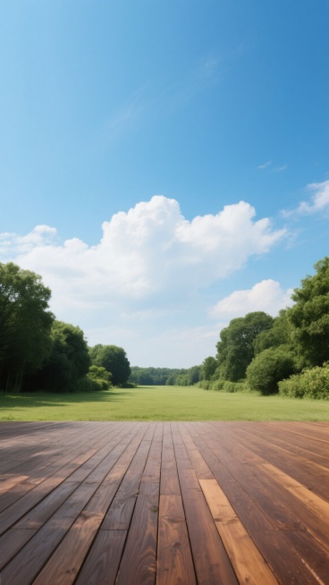 写实摄影风格，晴朗天空下广阔的户外场景，画面下方是深棕色自然纹理的实木地板，地板表面有清晰的木纹和细微的光影变化，呈现出温暖的质感，地板向远方延伸直至与绿色植被相接，两侧是茂密的深绿色树木和灌木丛，枝叶细节丰富，顶部是明亮的蓝天白云，云层形态自然，光线柔和且均匀地洒在地面和植被上，整体氛围开阔、宁静、自然，具有清晰的空间纵深感和真实的色彩还原。预览效果