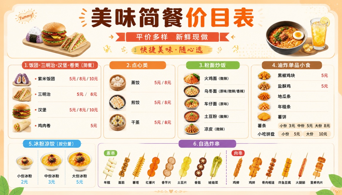餐饮价目表海报，主标题“美味简餐价目表”，副标题“平价多样 新鲜现做”，装饰文字“快捷美味·随心选”，清晰分区排版展示全部品类价格：
1.饭团·三明治·汉堡·卷类（简餐）
紫米饭团：5元 / 8元/1预览效果