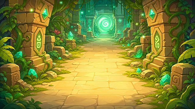 参考卡通Q版丛林探险游戏风格，生成一张水晶魔宫主题的游戏场景背景图。画面内容：神秘的古代石质宫殿入口，两侧是雕刻着符文的石柱，中间是通往魔宫深处的道路，地面铺着石砖，周围有绿色藤蔓和植物，空气中漂浮着发光的水晶粒子和魔法光效，远处有神秘的绿色魔法光漩涡，整体色调偏暖黄带神秘绿光，卡通手绘风格，画面中间区域是道路留白适合放置游戏内容，风格与丛林探险游戏UI完全一致
