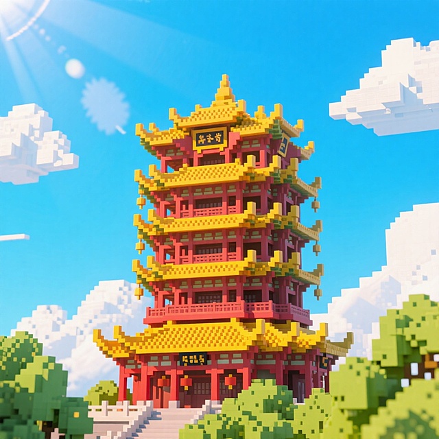 夏季黄鹤楼全景，蓝天白云背景