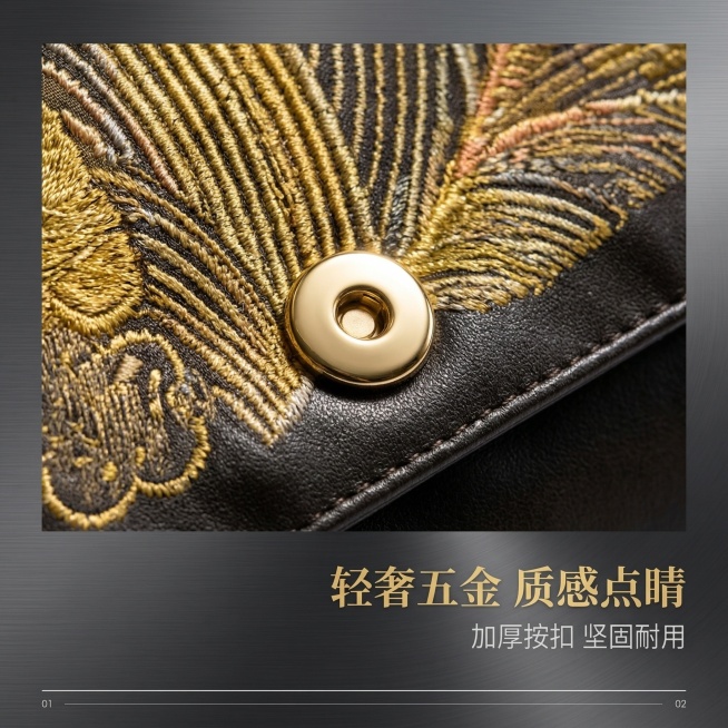 第5张：轻奢五金细节特写，五金细节展示页，杂志排版精致布局。主标题“轻奢五金 质感点睛”，副标题“加厚按扣 坚固耐用”。画面中心为产品金色五金按扣高清特写，展示按扣与包身的衔接细节，严格还原上传图片中预览效果