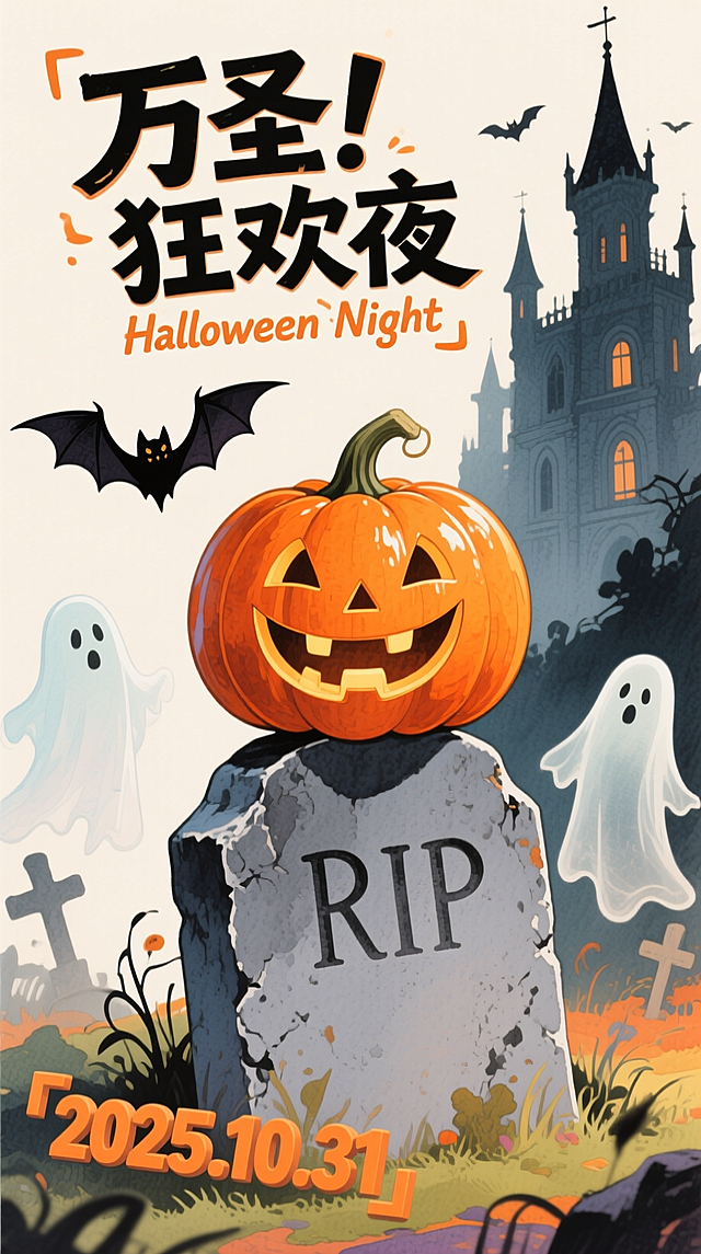手绘水彩风格，浅色背景，画面中央是咧嘴大笑的橙色南瓜灯，坐在刻有“RIP”的灰色墓碑上，周围有幽灵、蝙蝠、古堡等点缀。主标题“万圣！ 狂欢夜”，副标“Halloween Night”，左下角有“「2025.10.31」”立体字样