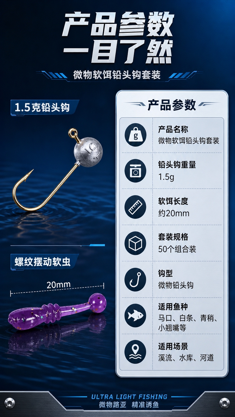 电商详情页规格参数图，产品信息展示。画面左侧是铅头钩和软虫的产… - 图片创意预览