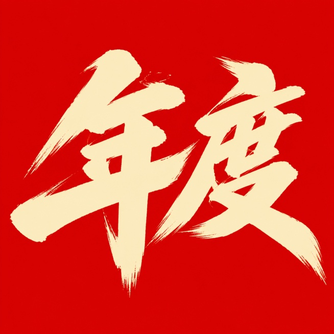 米黄色书法字体，红色背景，干净的背景，创意手写体字体设计两个字"年度"，所有文字单行横向排列，将字体进行大幅度抽象变形。笔画粗重饱满笔触是毛笔刷书写效果，笔画起收笔保留自然飞枯笔效果、末端自然散开，粗预览效果