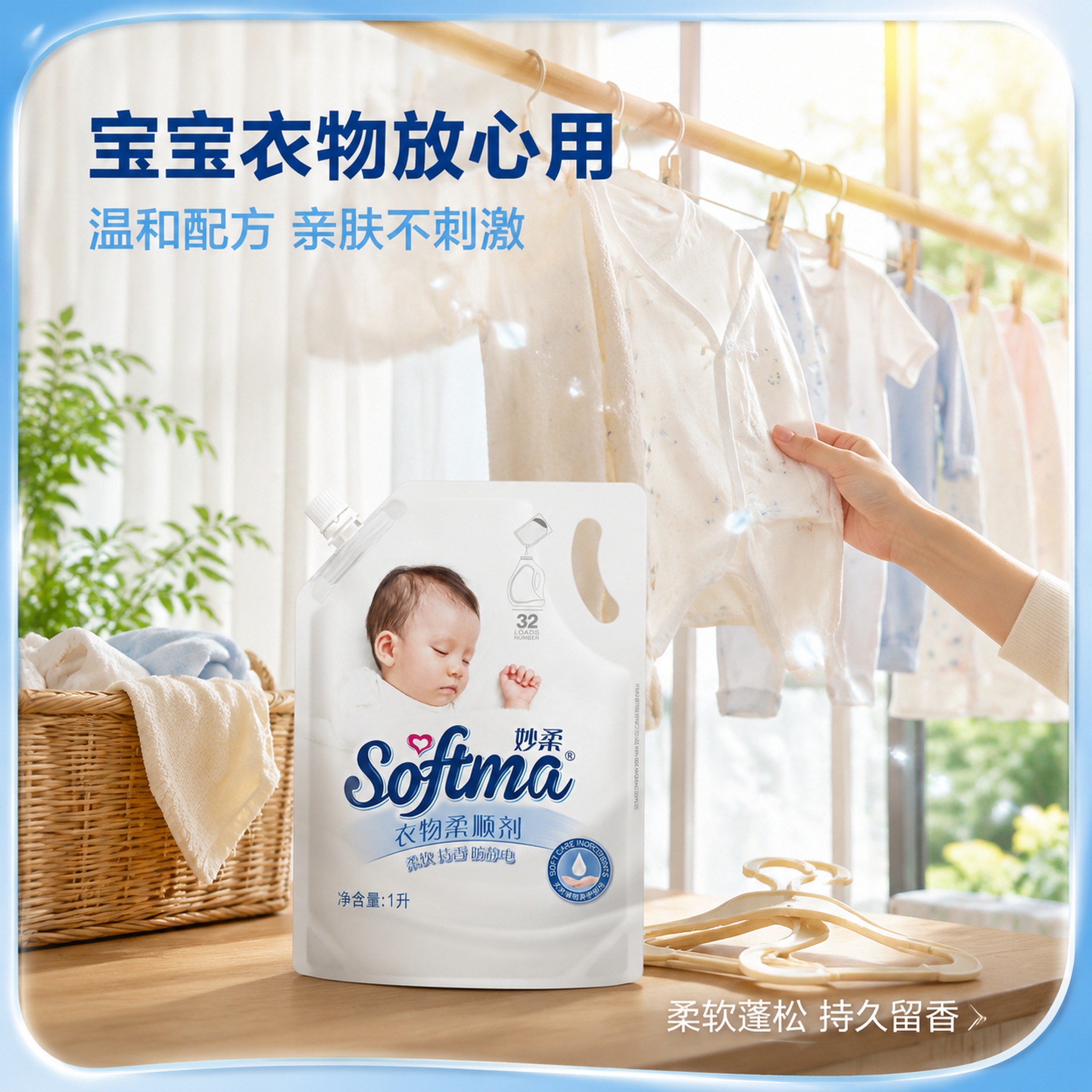 [主图-4] 妙柔衣物柔顺剂家庭使用场景图 宝宝衣物适用 温馨… - 图片创意预览
