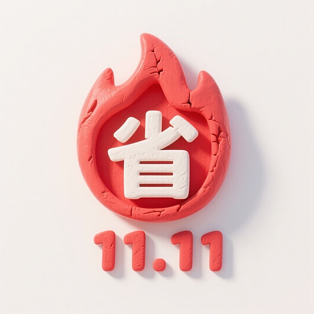 粘土风3D火焰造型，重拟物质感突出“省”字，搭配11.11促销信息，营造强视觉冲击的双十一节日氛围。