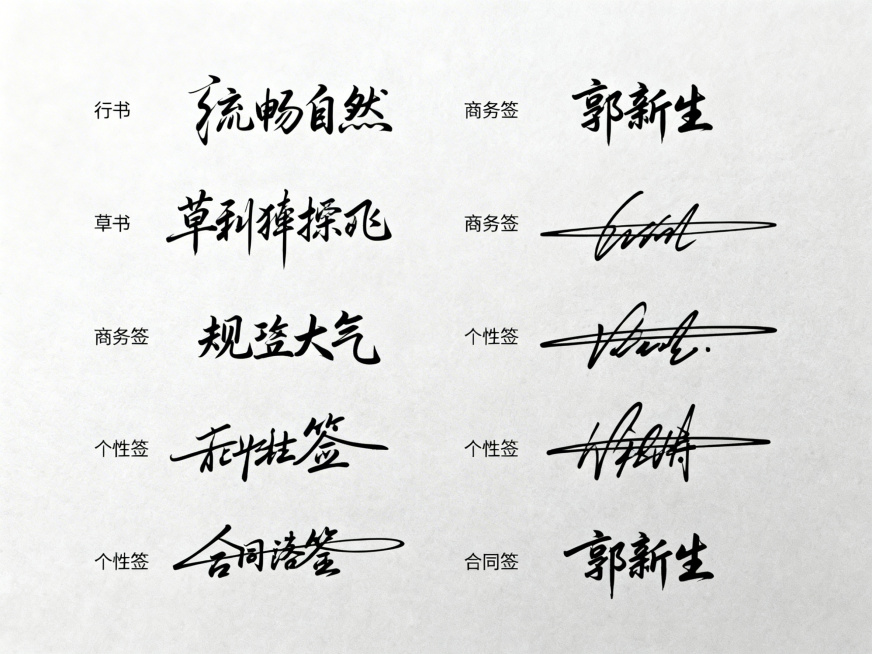 设计多款不同风格的“郭新生”手写艺术签名，包含行书、草书、商务签、个性签等多种常见签名字体风格，签名清晰美观，适配日常使用场景预览效果