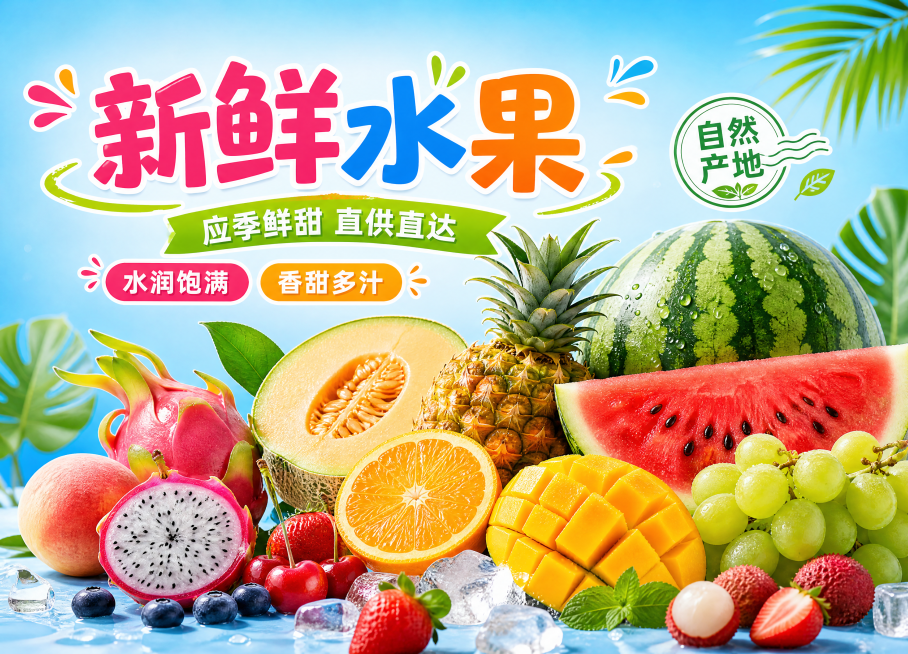 夏日多巴胺风格水果促销海报，高饱和撞色活泼风格，主标题"新鲜水果"，副标题"应季鲜甜 直供直达"，卖点标签"水润饱满""香甜多汁"，装饰文案"自然产地"，画面包含多种新鲜色彩丰富的水果，整体色彩鲜明跳预览效果