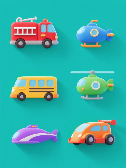 6个不同色彩纯色背景的系列素材集合，每个素材均为规整排布的流线型卡通风格交通工具，保持统一的圆润线条、简洁色块与高光阴影处理，分别为红色消防车、蓝色潜水艇、黄色校车、绿色直升机、紫色高铁、橙色赛车，整体设计感强，信息传达清晰，视觉层次分明，符合现代交通工具主题的宣传设计需求。预览效果